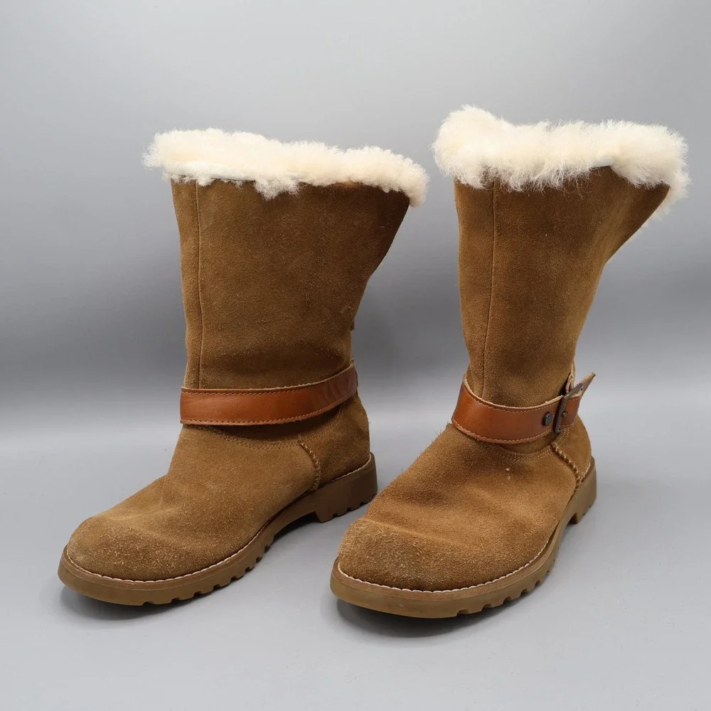 UGG Nessa Shearling Chestnut Suede Boots‎ Kids Size 1 Buckle Zip Warm Boho